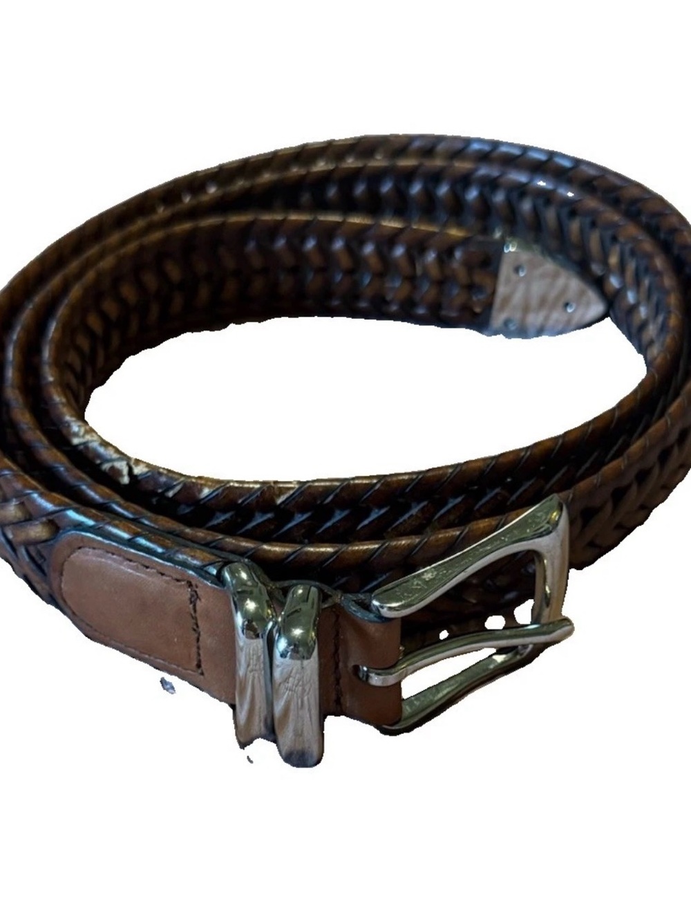 Perry Ellis Brown Braided Men 40 Belt Silver Chrome Tone Buckle